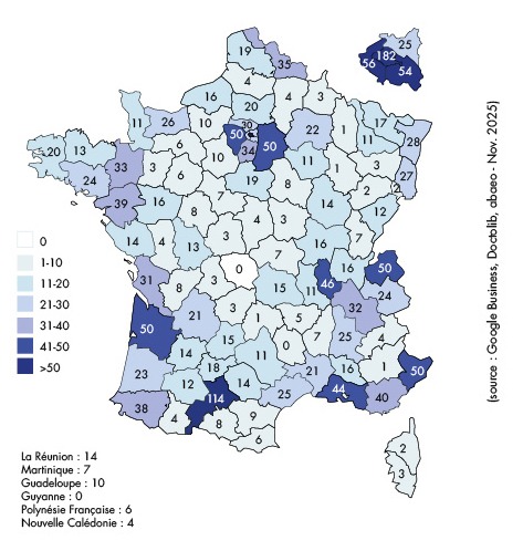 Carte de France des chiropracteurs (répartition par départements)